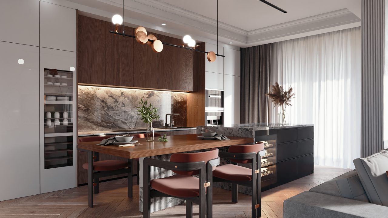 services-img A stylish modern kitchen with a wooden table, marble countertop, and ambient lighting.