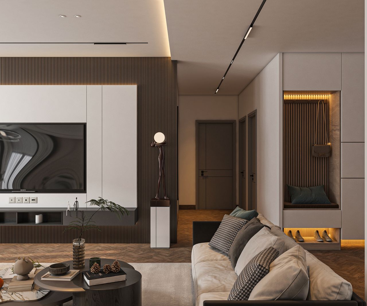 Sleek modern living room design with sofa, TV, and elegant decor.