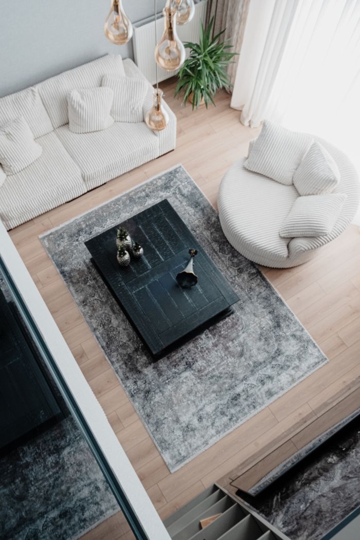 Stylish above view of a modern living room with chic furniture and decor.