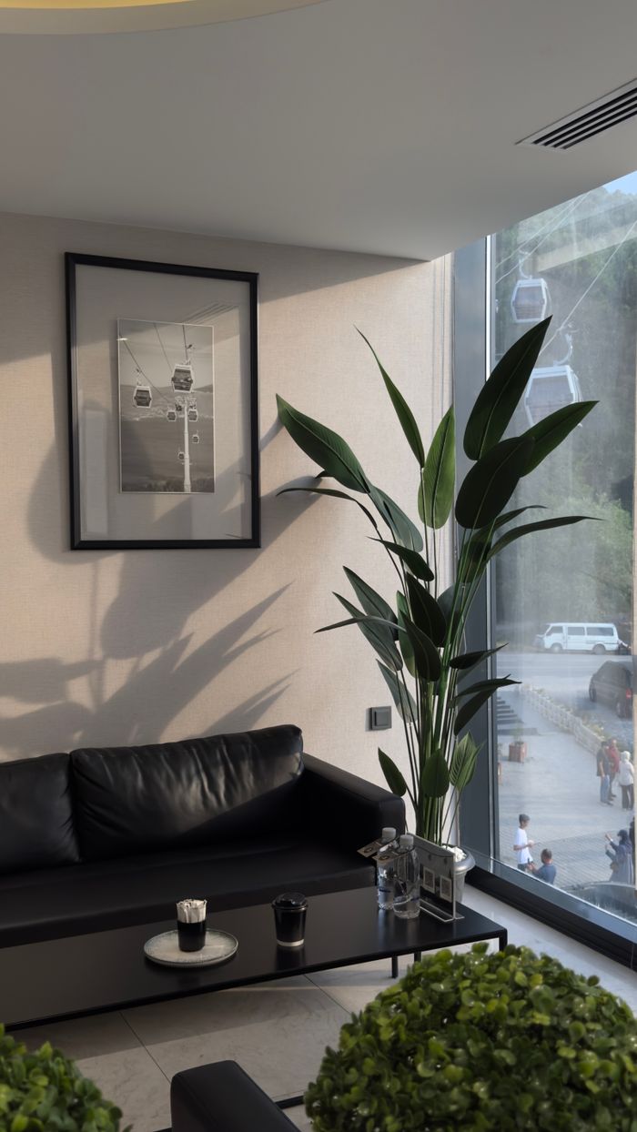 A stylish lounge with leather seating, large plant, and wall art beside a big window.